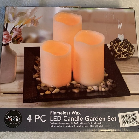 Flameless LED Candle Set. includes 3 candles, garden tray, bag of rocks. - Picture 2 of 7